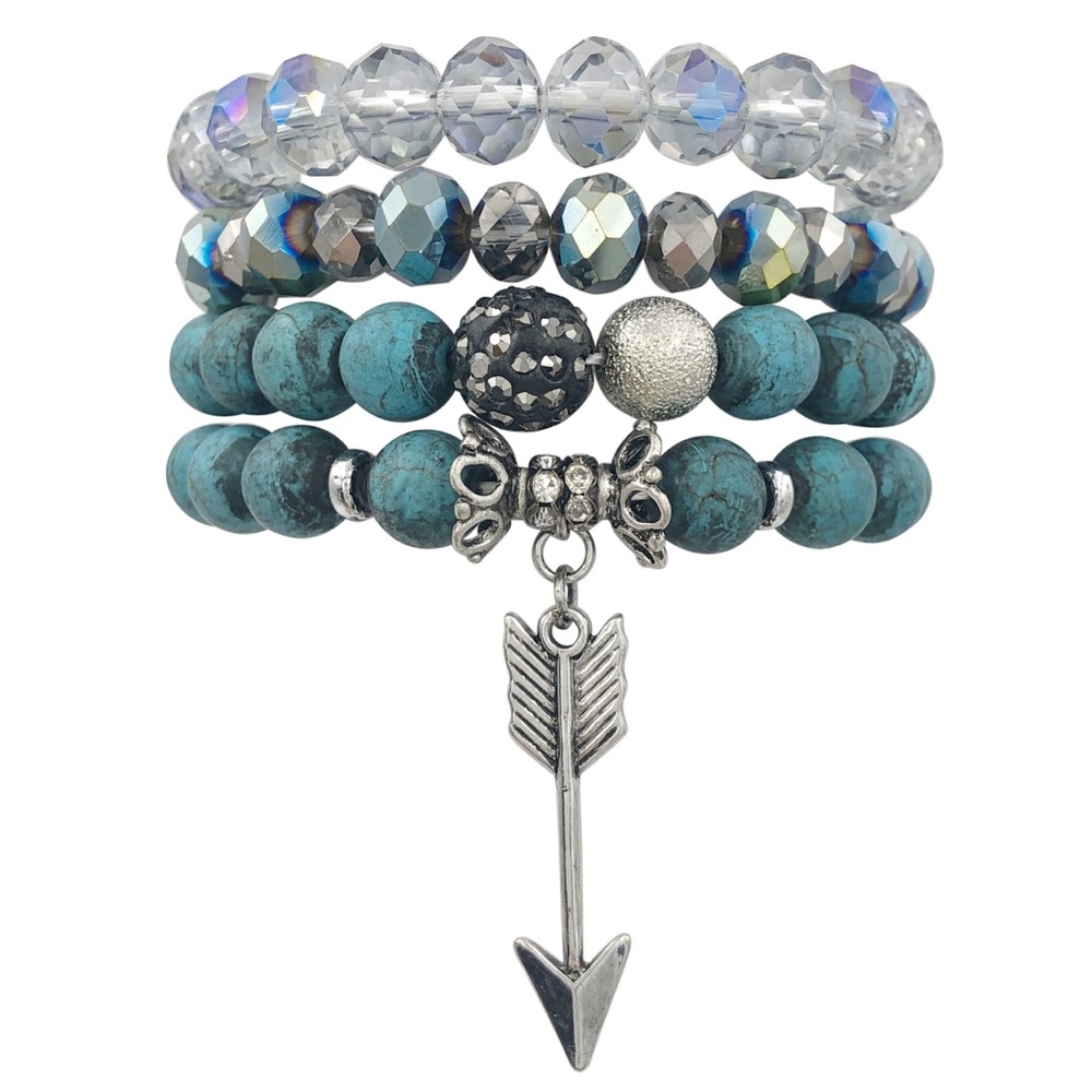 4 Row Semi-Precious Stone & Glass Layered Arrow Dangle Charm Stretch Bracelet